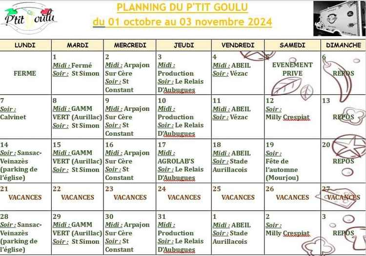 Planning du 1er oct au 03 novembre